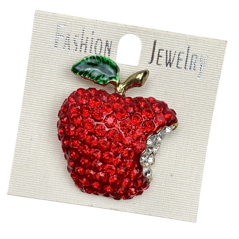 Apple Bite Fruit Red Crystal Gold Plated Brooch NEW Vintage 90s Statement Retro